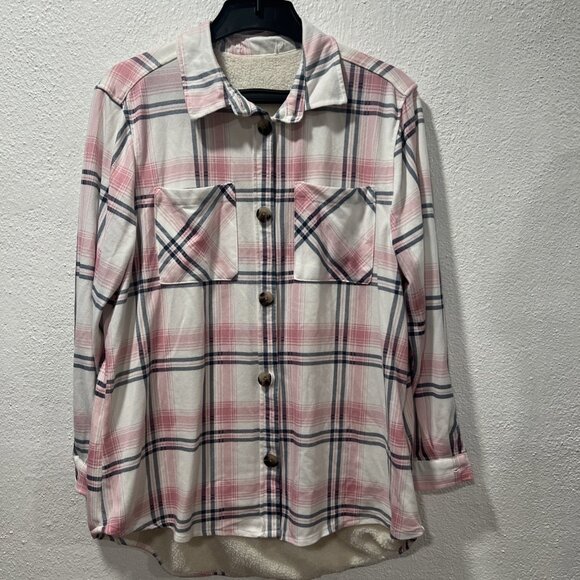 Women's Long Sleeve Button-Down Tunic Shirt Knox Rose Pink Blue Plaid XXL Fleece - Picture 1 of 15